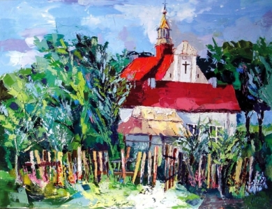 Siedltkw nad Jeziorskiem - 80 cm x 60 cm; olej